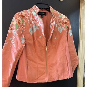 Colleen Lopez Embroidered Peach/Coral Faux Leather Jacket Size M